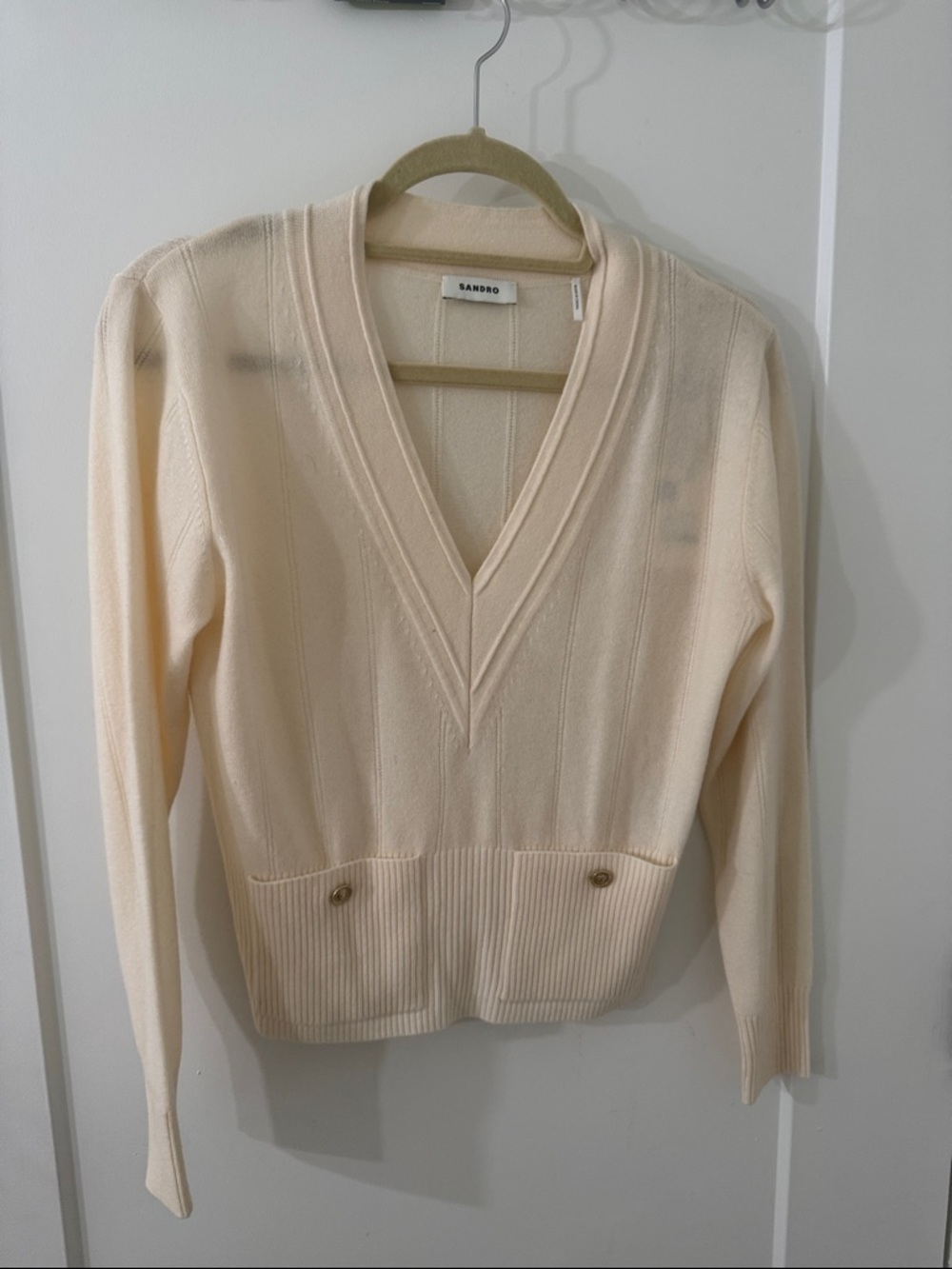 Sandro Cream Deep V Ribbed-Hem Sweater with Button Accents